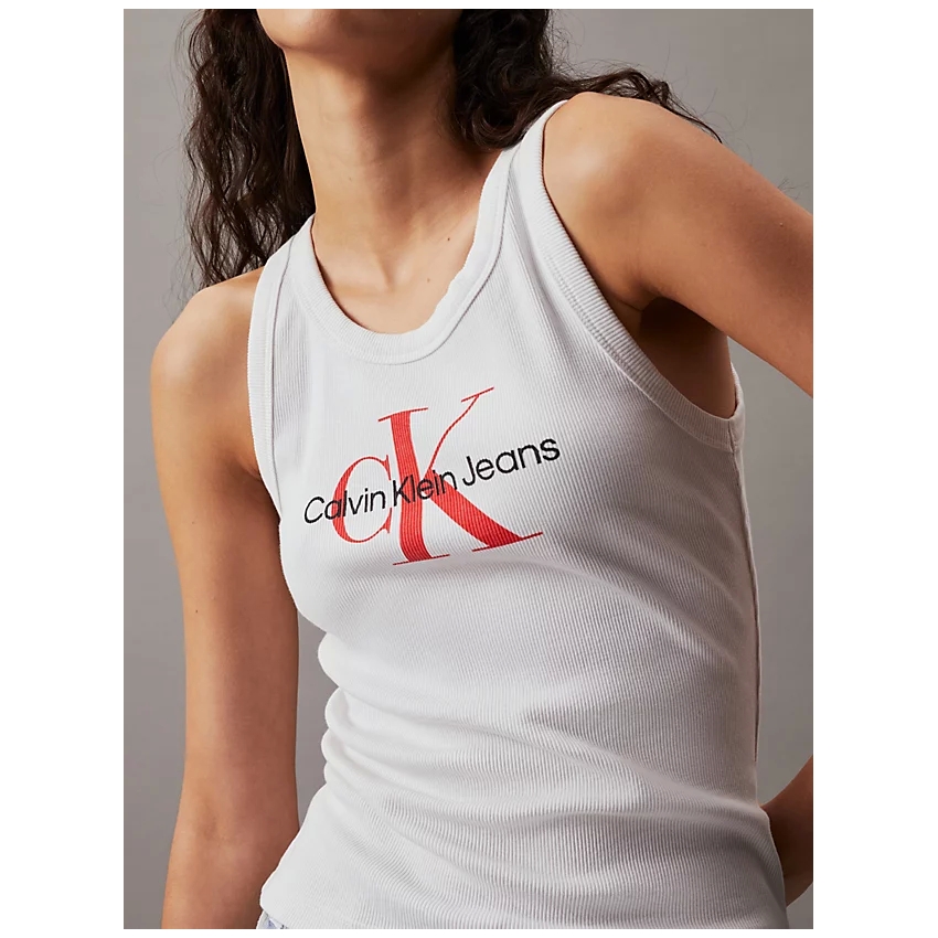 CALVIN KLEIN Camiseta de tirantes con monograma de canalé de algodón BLANCA DE CHICA