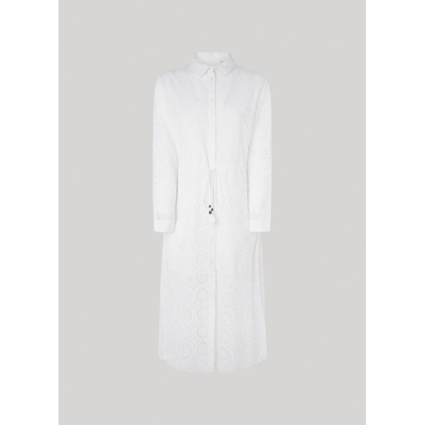 Pepe Jeans VESTIDO MIDI DETALLES CALADOS BLANCO