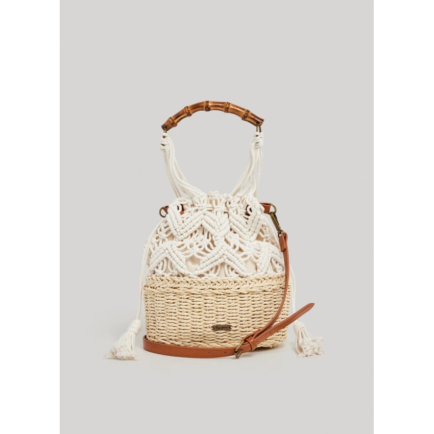 Pepe Jeans BOLSO TOTE EN ALGODÓN Y MIMBRE BEIGE