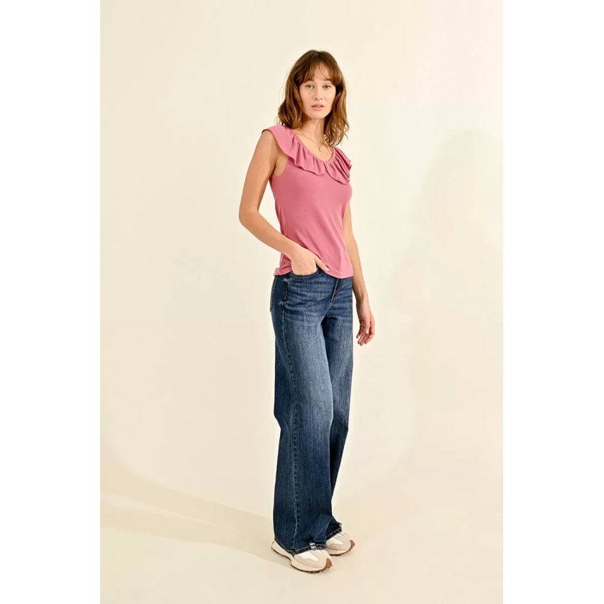 Molly Bracken Top sin manga, con volante ROSA